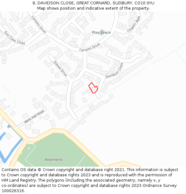 8, DAVIDSON CLOSE, GREAT CORNARD, SUDBURY, CO10 0YU: Location map and indicative extent of plot