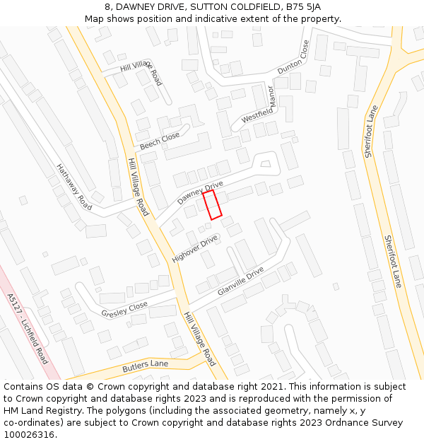 8, DAWNEY DRIVE, SUTTON COLDFIELD, B75 5JA: Location map and indicative extent of plot
