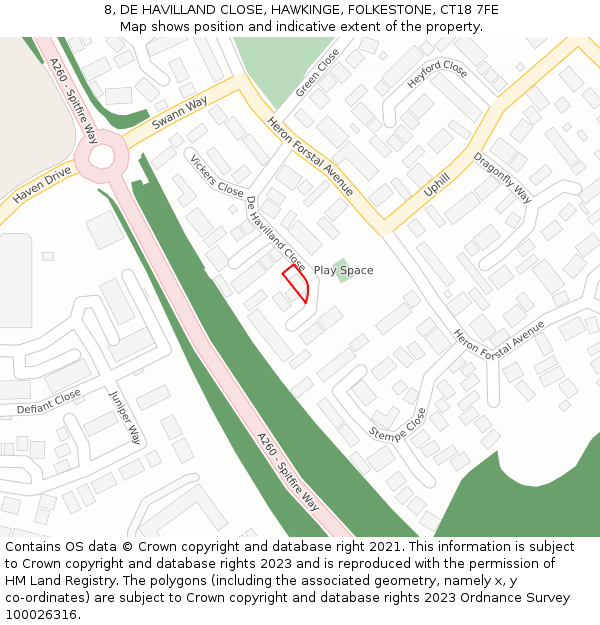 8, DE HAVILLAND CLOSE, HAWKINGE, FOLKESTONE, CT18 7FE: Location map and indicative extent of plot