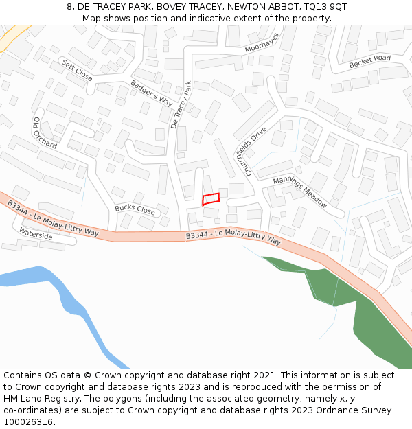 8, DE TRACEY PARK, BOVEY TRACEY, NEWTON ABBOT, TQ13 9QT: Location map and indicative extent of plot