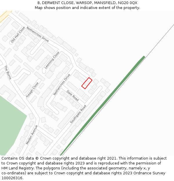 8, DERWENT CLOSE, WARSOP, MANSFIELD, NG20 0QX: Location map and indicative extent of plot