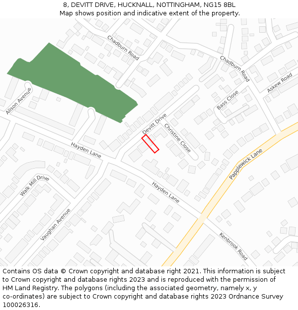 8, DEVITT DRIVE, HUCKNALL, NOTTINGHAM, NG15 8BL: Location map and indicative extent of plot