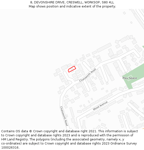 8, DEVONSHIRE DRIVE, CRESWELL, WORKSOP, S80 4LL: Location map and indicative extent of plot