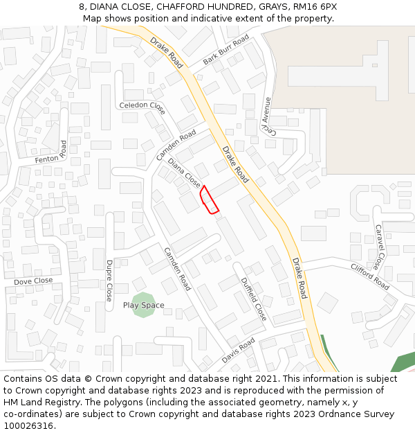 8, DIANA CLOSE, CHAFFORD HUNDRED, GRAYS, RM16 6PX: Location map and indicative extent of plot