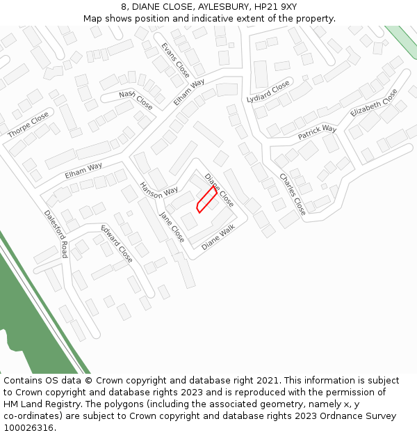 8, DIANE CLOSE, AYLESBURY, HP21 9XY: Location map and indicative extent of plot