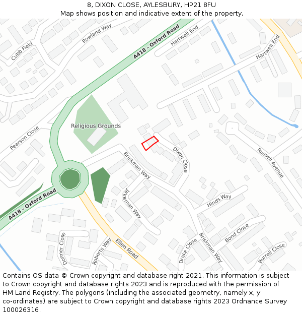 8, DIXON CLOSE, AYLESBURY, HP21 8FU: Location map and indicative extent of plot