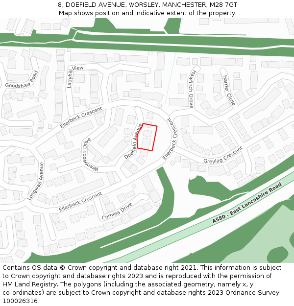 8, DOEFIELD AVENUE, WORSLEY, MANCHESTER, M28 7GT: Location map and indicative extent of plot