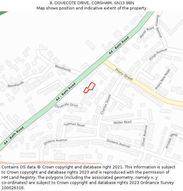8, DOVECOTE DRIVE, CORSHAM, SN13 9BN: Location map and indicative extent of plot