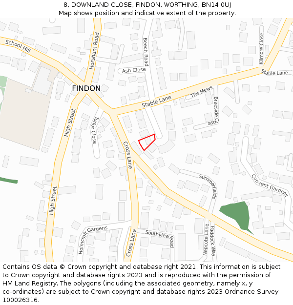 8, DOWNLAND CLOSE, FINDON, WORTHING, BN14 0UJ: Location map and indicative extent of plot