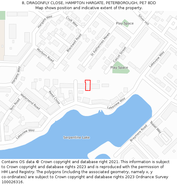 8, DRAGONFLY CLOSE, HAMPTON HARGATE, PETERBOROUGH, PE7 8DD: Location map and indicative extent of plot