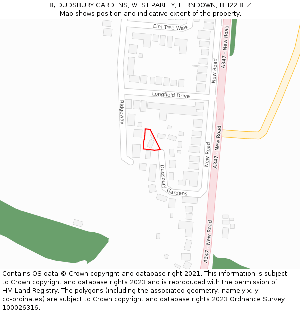 8, DUDSBURY GARDENS, WEST PARLEY, FERNDOWN, BH22 8TZ: Location map and indicative extent of plot