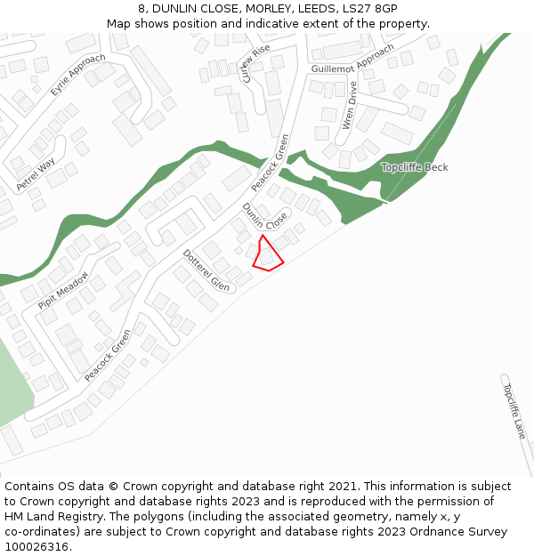8, DUNLIN CLOSE, MORLEY, LEEDS, LS27 8GP: Location map and indicative extent of plot