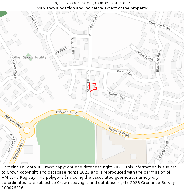 8, DUNNOCK ROAD, CORBY, NN18 8FP: Location map and indicative extent of plot