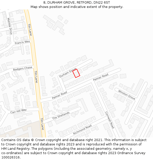 8, DURHAM GROVE, RETFORD, DN22 6ST: Location map and indicative extent of plot