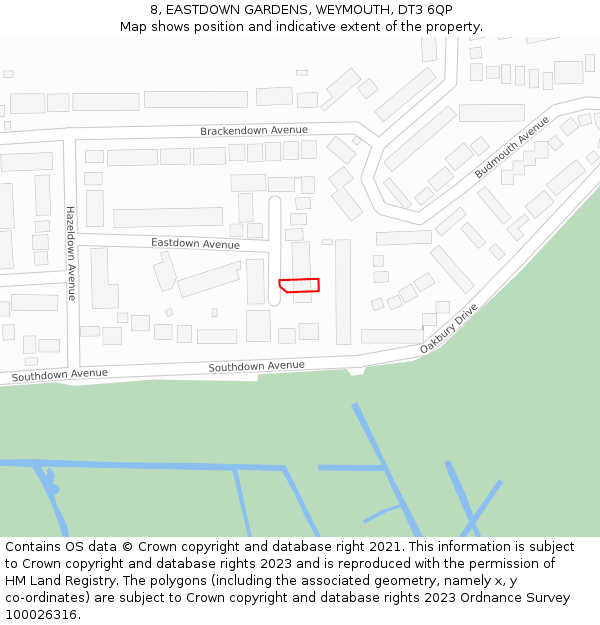 8, EASTDOWN GARDENS, WEYMOUTH, DT3 6QP: Location map and indicative extent of plot