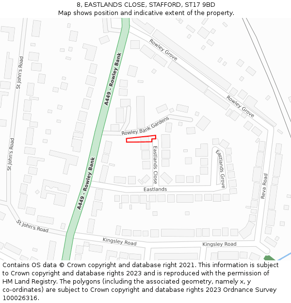 8, EASTLANDS CLOSE, STAFFORD, ST17 9BD: Location map and indicative extent of plot