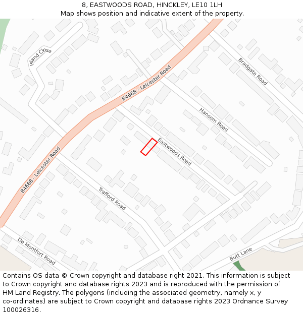 8, EASTWOODS ROAD, HINCKLEY, LE10 1LH: Location map and indicative extent of plot