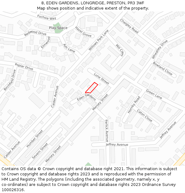 8, EDEN GARDENS, LONGRIDGE, PRESTON, PR3 3WF: Location map and indicative extent of plot