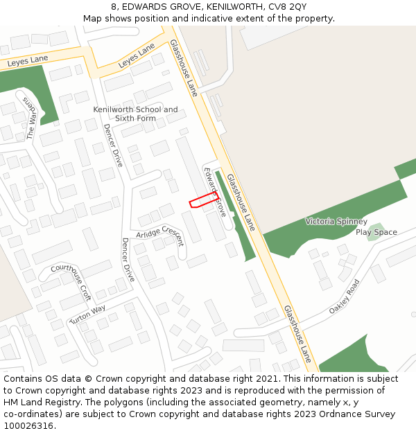 8, EDWARDS GROVE, KENILWORTH, CV8 2QY: Location map and indicative extent of plot