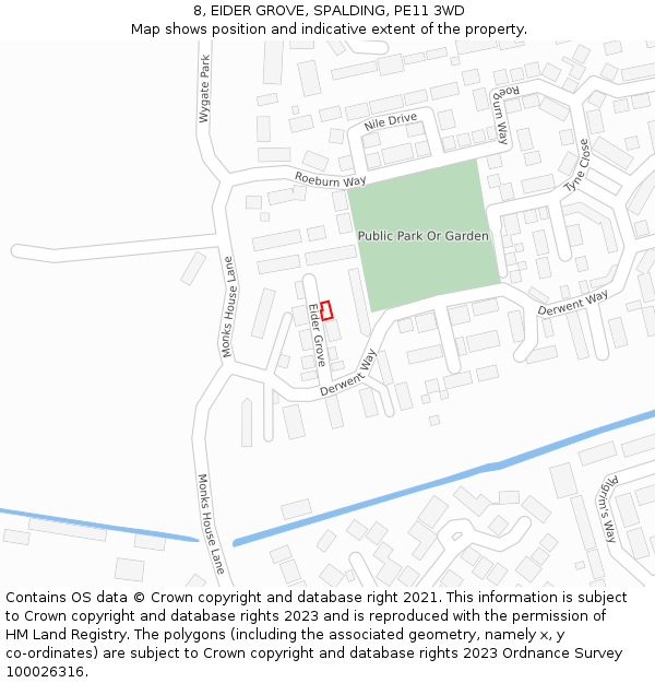 8, EIDER GROVE, SPALDING, PE11 3WD: Location map and indicative extent of plot
