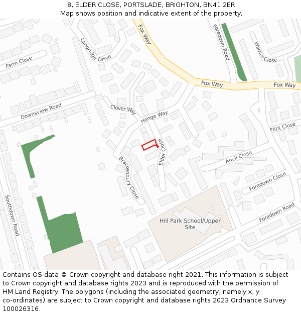 8, ELDER CLOSE, PORTSLADE, BRIGHTON, BN41 2ER: Location map and indicative extent of plot