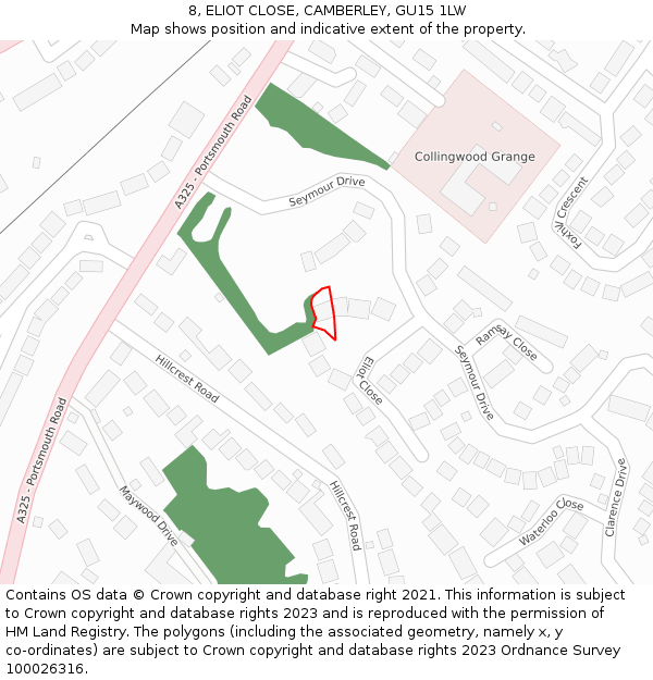 8, ELIOT CLOSE, CAMBERLEY, GU15 1LW: Location map and indicative extent of plot