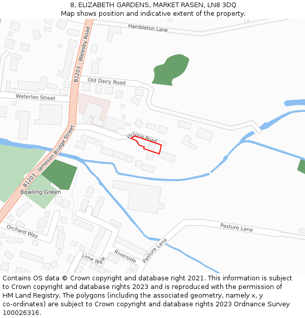 8, ELIZABETH GARDENS, MARKET RASEN, LN8 3DQ: Location map and indicative extent of plot