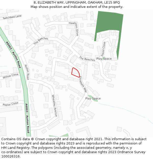 8, ELIZABETH WAY, UPPINGHAM, OAKHAM, LE15 9PQ: Location map and indicative extent of plot