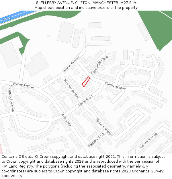 8, ELLERBY AVENUE, CLIFTON, MANCHESTER, M27 8LA: Location map and indicative extent of plot