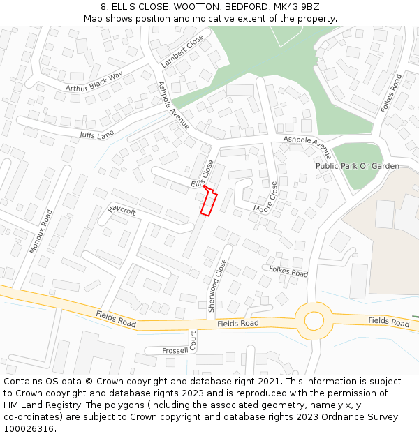 8, ELLIS CLOSE, WOOTTON, BEDFORD, MK43 9BZ: Location map and indicative extent of plot