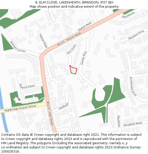 8, ELM CLOSE, LAKENHEATH, BRANDON, IP27 9JH: Location map and indicative extent of plot