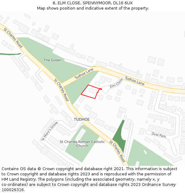 8, ELM CLOSE, SPENNYMOOR, DL16 6UX: Location map and indicative extent of plot