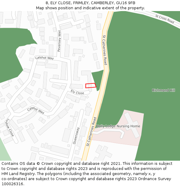 8, ELY CLOSE, FRIMLEY, CAMBERLEY, GU16 9FB: Location map and indicative extent of plot