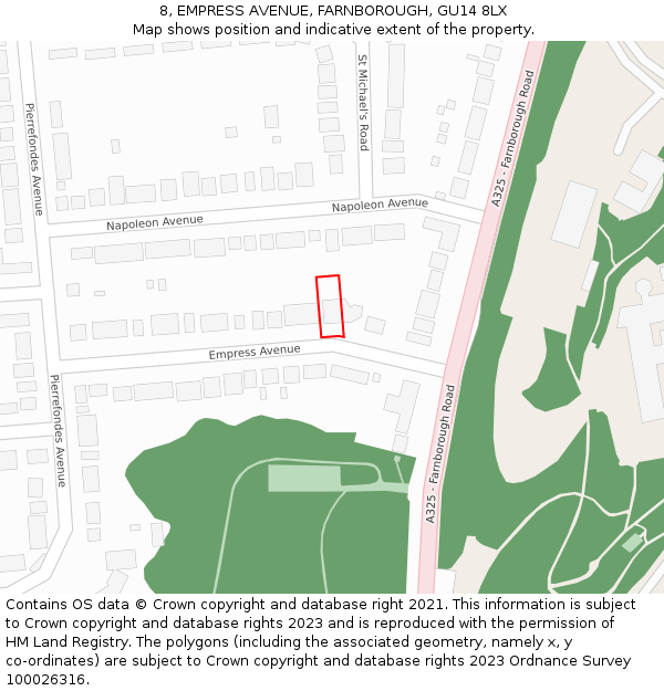 8, EMPRESS AVENUE, FARNBOROUGH, GU14 8LX: Location map and indicative extent of plot