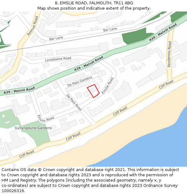 8, EMSLIE ROAD, FALMOUTH, TR11 4BG: Location map and indicative extent of plot