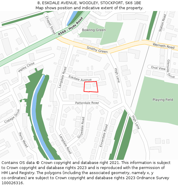 8, ESKDALE AVENUE, WOODLEY, STOCKPORT, SK6 1BE: Location map and indicative extent of plot