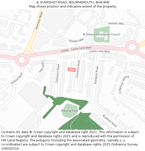 8, EVERSHOT ROAD, BOURNEMOUTH, BH8 9PB: Location map and indicative extent of plot