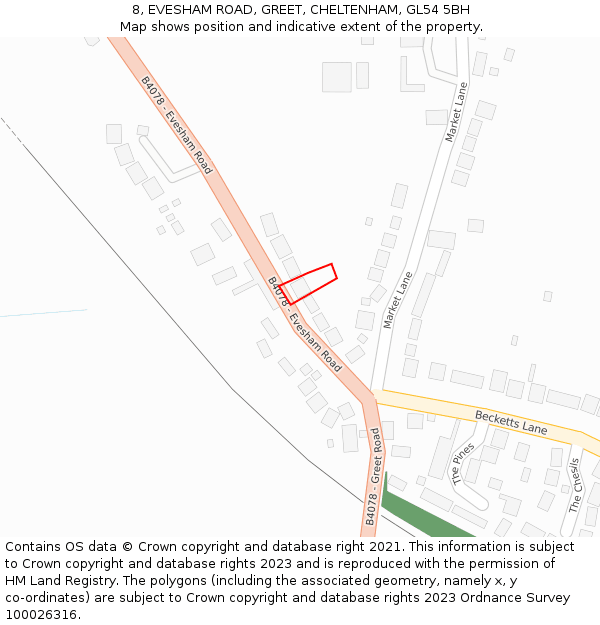8, EVESHAM ROAD, GREET, CHELTENHAM, GL54 5BH: Location map and indicative extent of plot