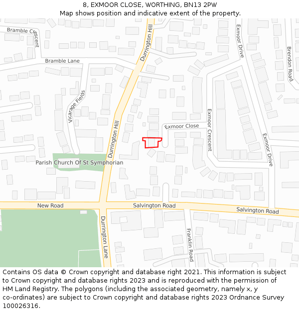 8, EXMOOR CLOSE, WORTHING, BN13 2PW: Location map and indicative extent of plot