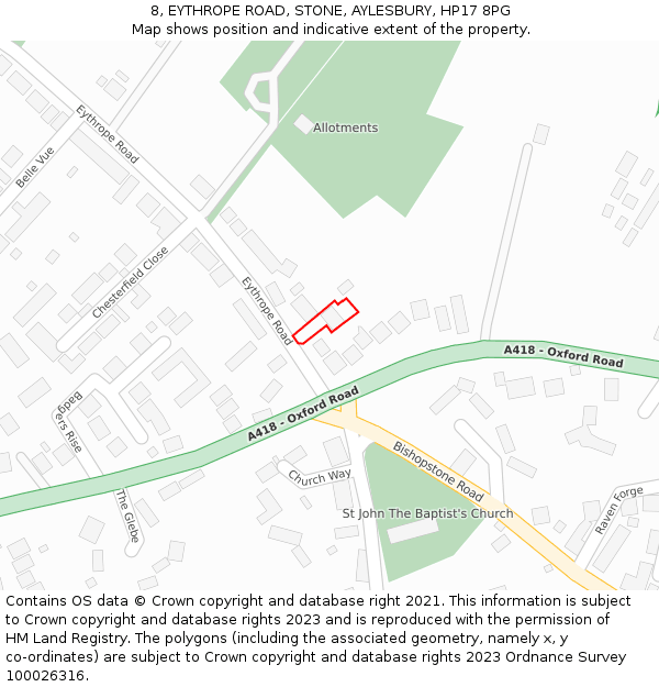 8, EYTHROPE ROAD, STONE, AYLESBURY, HP17 8PG: Location map and indicative extent of plot