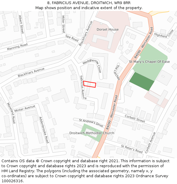 8, FABRICIUS AVENUE, DROITWICH, WR9 8RR: Location map and indicative extent of plot