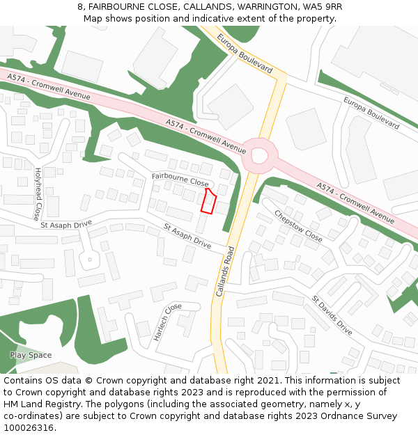 8, FAIRBOURNE CLOSE, CALLANDS, WARRINGTON, WA5 9RR: Location map and indicative extent of plot
