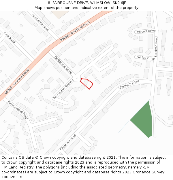 8, FAIRBOURNE DRIVE, WILMSLOW, SK9 6JF: Location map and indicative extent of plot