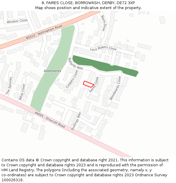 8, FAIRES CLOSE, BORROWASH, DERBY, DE72 3XP: Location map and indicative extent of plot