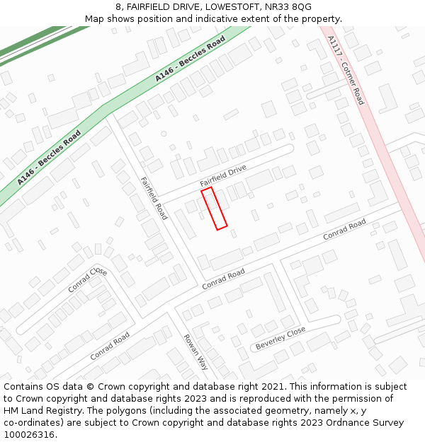 8, FAIRFIELD DRIVE, LOWESTOFT, NR33 8QG: Location map and indicative extent of plot