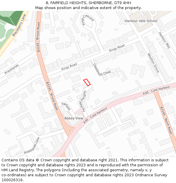 8, FAIRFIELD HEIGHTS, SHERBORNE, DT9 4HH: Location map and indicative extent of plot