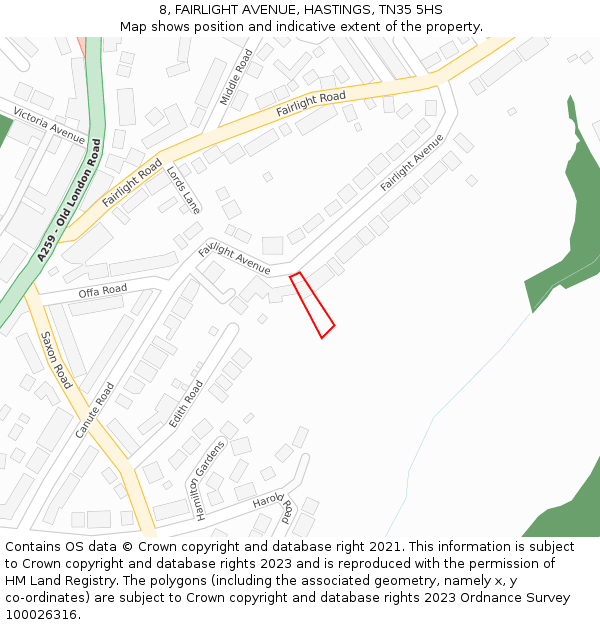 8, FAIRLIGHT AVENUE, HASTINGS, TN35 5HS: Location map and indicative extent of plot