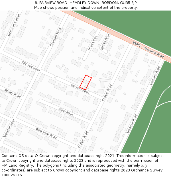 8, FAIRVIEW ROAD, HEADLEY DOWN, BORDON, GU35 8JP: Location map and indicative extent of plot
