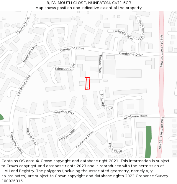 8, FALMOUTH CLOSE, NUNEATON, CV11 6GB: Location map and indicative extent of plot