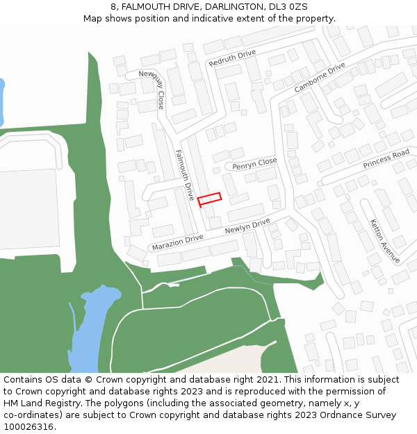 8, FALMOUTH DRIVE, DARLINGTON, DL3 0ZS: Location map and indicative extent of plot